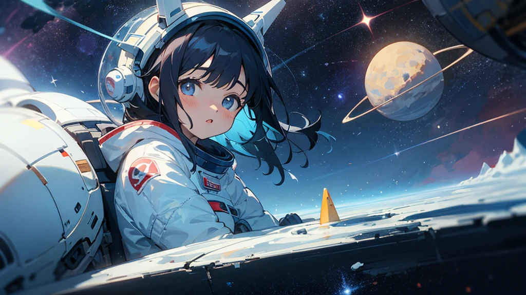 asian girl in the space on alien planet between polar star and big dipper