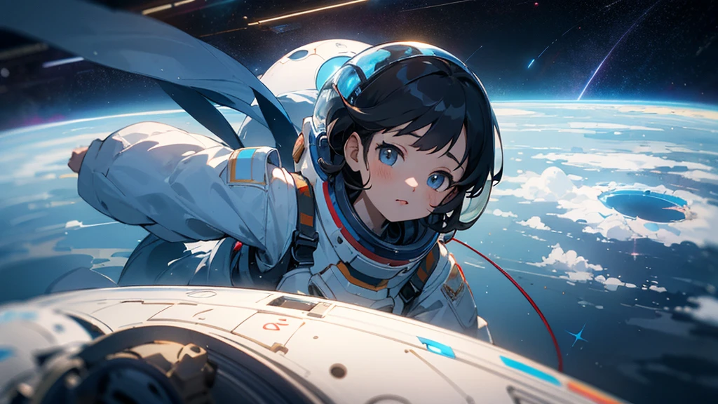 asian girl in the space on alien planet between polar star and big dipper