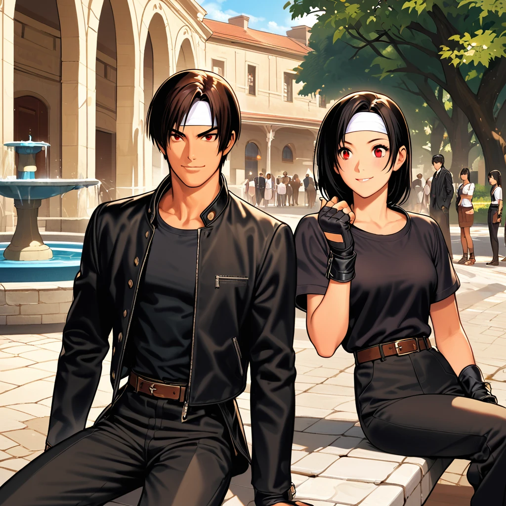 Orochikyo、One person、woman、Dark Skin、Red Eye、Black Jacket、Fingerless Gloves、ホワイトTshirt、Black Part、White Headband、Black pants、White Shoes、Brown Belt、Handsome、indoor、Charming、Masterpiece、High resolution。 shirt、Black parting、(White headband on forehead)、Black trousers、White shoes、Brown belt、Good looking、indoor、Charm、masterpiece、High resolution、Detailed face、Fine grain、A confident smile、Blue sky at noon、Park with a fountain、Men and women sitting side by side on a bench、Dark Skin、Happy atmosphere。