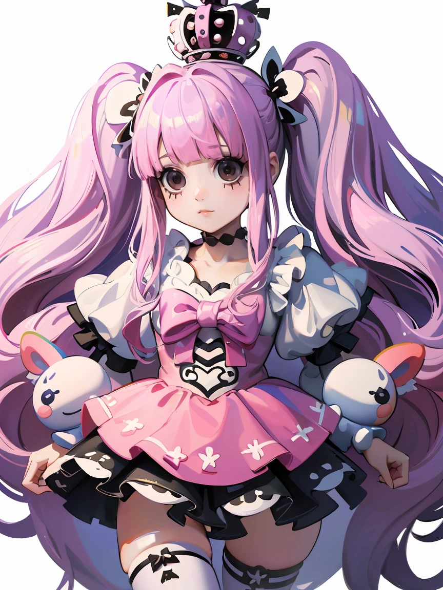 platform, one piece, Wearing the Crown, Pink twin tails, Long Hair, Kumasi,  White transparent holo ghost floating.(((masterpiece:1.4))), (Highest quality:1.4), (Ultra-high resolution:1.4), (Highest quality:1.2), (Super detailed:1.3), All kinds of simple and cute faces of Perona, Multiple light faces of Perona in different sizes arranged equidistant, emoji pack, white background