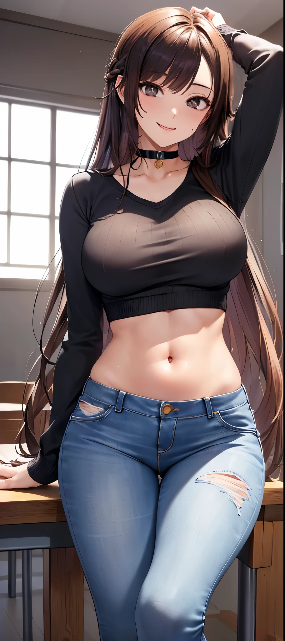 marciana, golden brown eyes, very long hair, alluringly smile, casual kint sweater, creame color sweater top, long sleeves, v neck, fabric choker, jeans , torn jeans, tight jeans, E cup breasts, bewitched thighs, slender waist, plumb butt
BREAK daylight ,alone, classroom 
BREAK sweaty , looking at viewer, standing, alluring pose
BREAK (masterpiece:1.2), best quality, high resolution, unity 8k wallpaper, (illustration:0.8), (beautiful detailed eyes:1.6), extremely detailed face, perfect lighting, extremely detailed CG, (perfect hands, perfect anatomy),