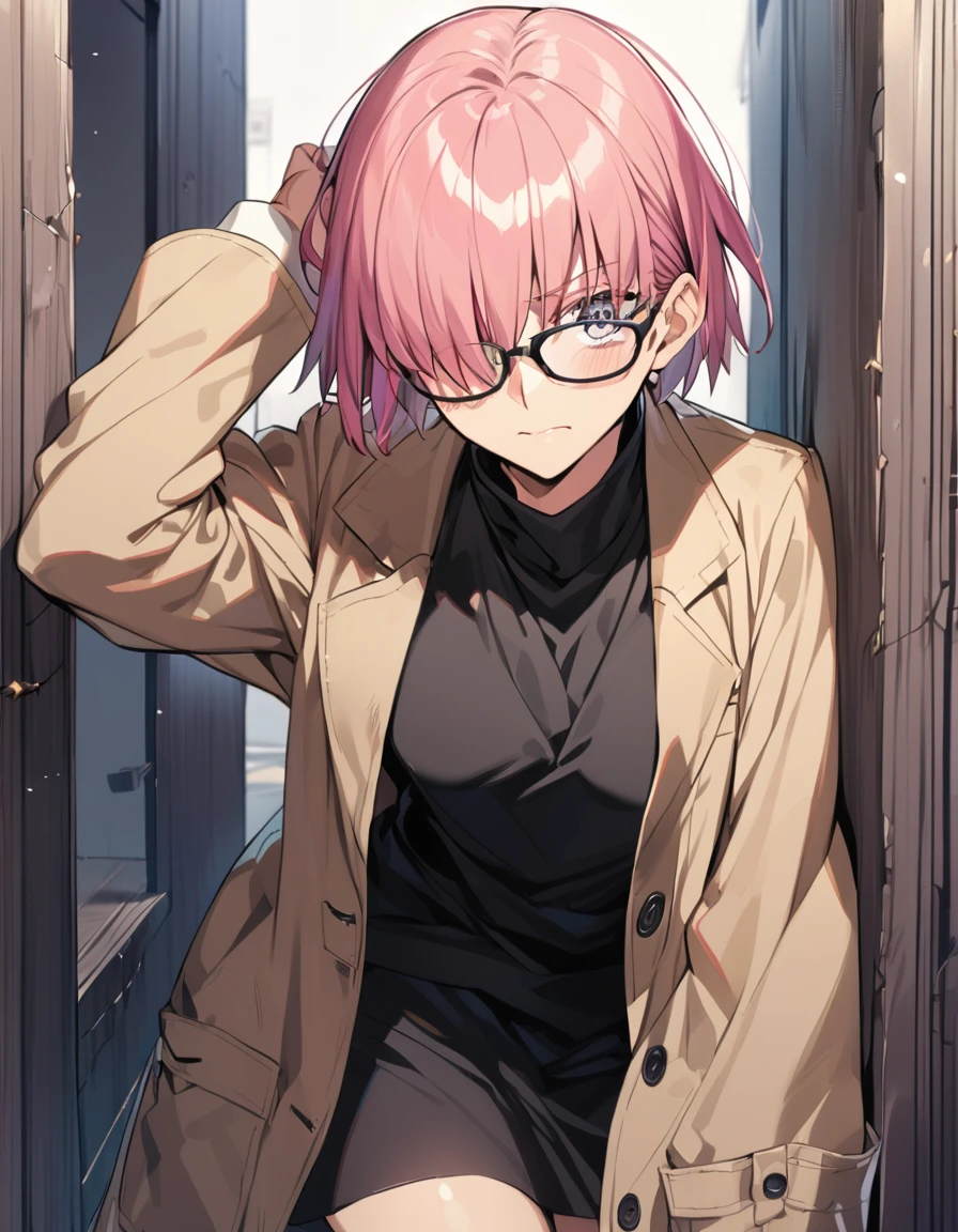 1girl(fate grand order, Mash, Hiding one eye, pink short hair, Glasses, Black Uniform, Beige coat)