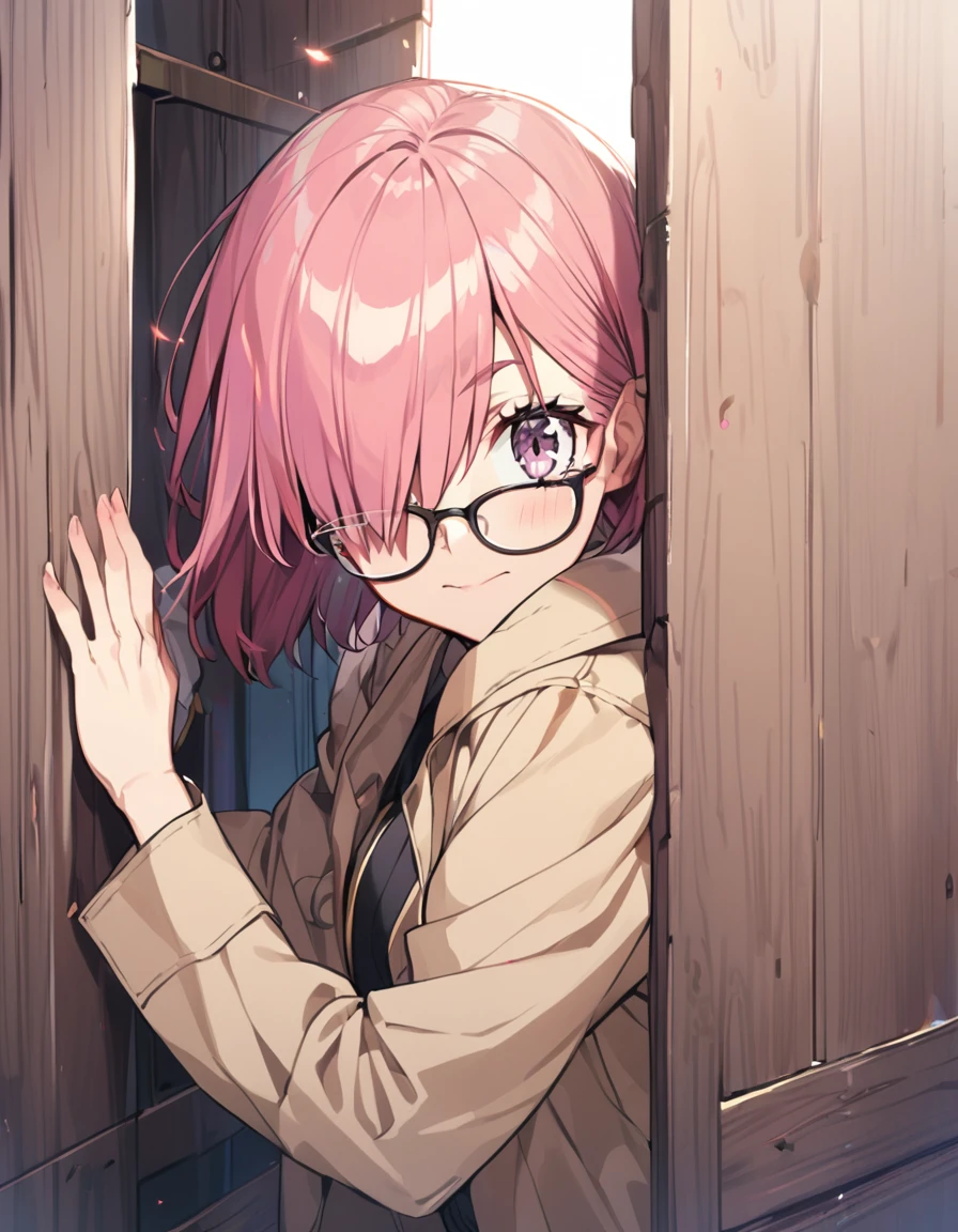 1girl(fate grand order, Mash, Hiding one eye, pink short hair, Glasses, Black Uniform, Beige coat)