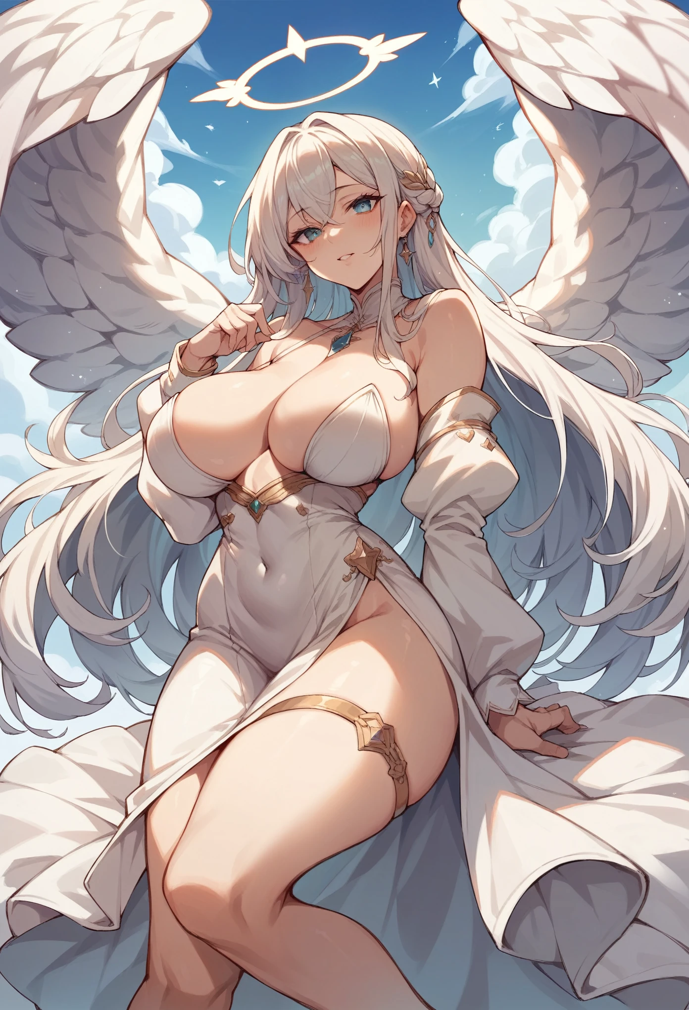 sexy long hair big breasts white dress angel sky clouds thighs nude