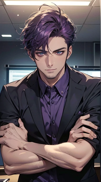 (best quality,4k,8k,highres,masterpiece:1.2),ultra-detailed,(realistic,photorealistic,photo-realistic:1.37),1 man,31 years old,mature man,very handsome,without expression,smile,short purple hair,blue eyes,penetrating gaze,perfect face without errors,imposing posture,businessman,office background,cinematic lighting,hdr image