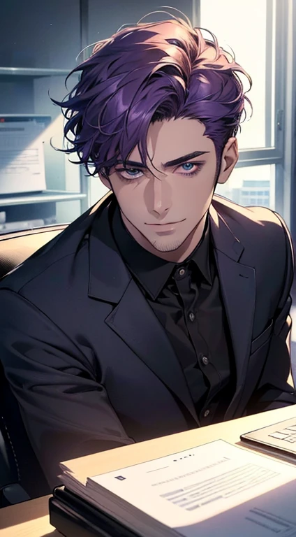(best quality,4k,8k,highres,masterpiece:1.2),ultra-detailed,(realistic,photorealistic,photo-realistic:1.37),1 man,31 years old,mature man,very handsome,without expression,smile,short purple hair,blue eyes,penetrating gaze,perfect face without errors,imposing posture,businessman,office background,cinematic lighting,hdr image