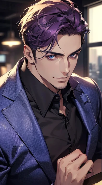 (best quality,4k,8k,highres,masterpiece:1.2),ultra-detailed,(realistic,photorealistic,photo-realistic:1.37),1 man,31 years old,mature man,very handsome,without expression,smile,short purple hair,blue eyes,penetrating gaze,perfect face without errors,imposing posture,businessman,office background,cinematic lighting,hdr image