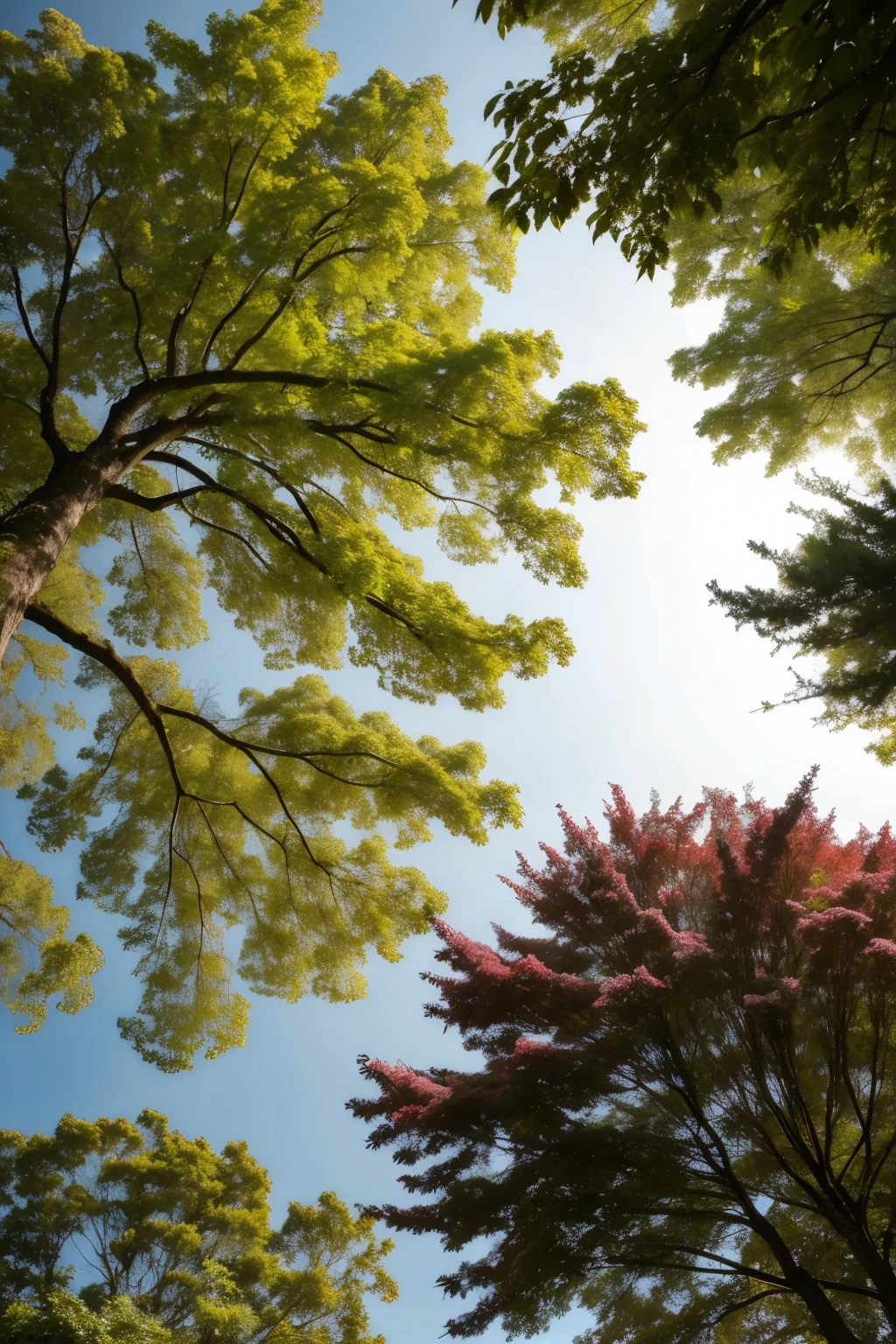 trees with leaves and flowers seen from below whit superman