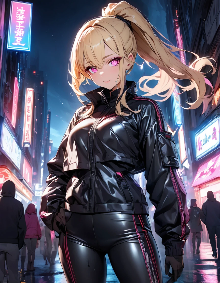 Create a detailed character with long blonde hair tied in a high ponytail, featuring pink streaks. She has bright pink eyes with long eyelashes. Her outfit includes a tight black leather jacket and matching pants. She wears open-toe high-heeled boots showing her toes. The character has light makeup, with a special focus on the eyes.
The background should be an urban night scene with city lights and a detailed, vibrant cityscape. Include neon signs and reflections on wet streets. The atmosphere is enhanced by a slight fog, creating a mysterious and atmospheric mood. Ensure there is high contrast between the character and the background, making the character stand out.
Ensure the character’s facial features, hair, and clothing are highly detailed, with sharp focus and definition. The background should have a medium focus, complementing the character without overpowering the scene.”
• Hair and face detail: 1.3
• Eye detail: 1.3
• Clothing detail: 1.2
• Open-toe boots detail: 1.1
• Urban night background: 1.0
• Neon lights and reflections: 1.1
• Mysterious atmosphere with fog: 1.0
• High contrast for character emphasis: 1.0)
,Hochauflösung, Meisterwerk, Beste Qualität, Mehrfach ausgezeichnet, HD-Modell, , Hohe Qualität, UHD, Strukturierte Haut, Super detailliert,