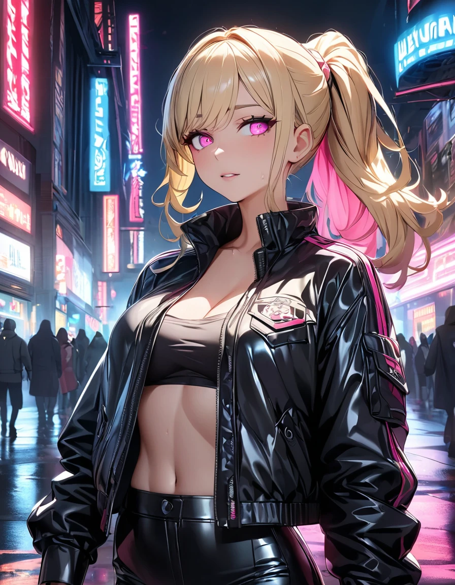 Create a detailed character with long blonde hair tied in a high ponytail, featuring pink streaks. She has bright pink eyes with long eyelashes. Her outfit includes a tight black leather jacket and matching pants. She wears open-toe high-heeled boots showing her toes. The character has light makeup, with a special focus on the eyes.

The background should be an urban night scene with city lights and a detailed, vibrant cityscape. Include neon signs and reflections on wet streets. The atmosphere is enhanced by a slight fog, creating a mysterious and atmospheric mood. Ensure there is high contrast between the character and the background, making the character stand out.

Ensure the character’s facial features, hair, and clothing are highly detailed, with sharp focus and definition. The background should have a medium focus, complementing the character without overpowering the scene.”

	•	Hair and face detail: 1.3
	•	Eye detail: 1.3
	•	Clothing detail: 1.2
	•	Open-toe boots detail: 1.1
	•	Urban night background: 1.0
	•	Neon lights and reflections: 1.1
	•	Mysterious atmosphere with fog: 1.0
	•	High contrast for character emphasis: 1.0)

,Hochauflösung, Meisterwerk, Beste Qualität, Mehrfach ausgezeichnet, HD-Modell, , Hohe Qualität, UHD, Strukturierte Haut, Super detailliert, 