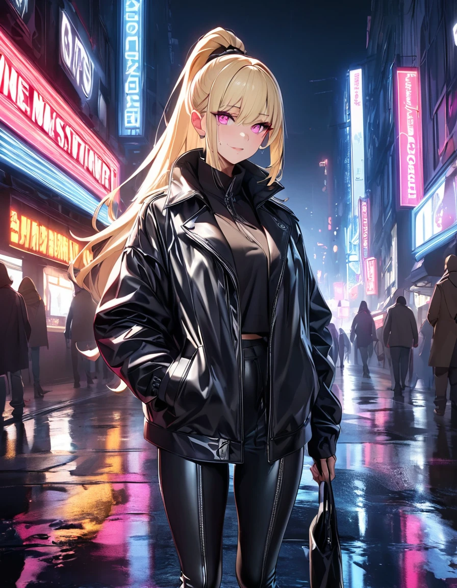 Create a detailed character with long blonde hair tied in a high ponytail, featuring pink streaks. She has bright pink eyes with long eyelashes. Her outfit includes a tight black leather jacket and matching pants. She wears open-toe high-heeled boots showing her toes. The character has light makeup, with a special focus on the eyes.
The background should be an urban night scene with city lights and a detailed, vibrant cityscape. Include neon signs and reflections on wet streets. The atmosphere is enhanced by a slight fog, creating a mysterious and atmospheric mood. Ensure there is high contrast between the character and the background, making the character stand out.
Ensure the character’s facial features, hair, and clothing are highly detailed, with sharp focus and definition. The background should have a medium focus, complementing the character without overpowering the scene.”
• Hair and face detail: 1.3
• Eye detail: 1.3
• Clothing detail: 1.2
• Open-toe boots detail: 1.1
• Urban night background: 1.0
• Neon lights and reflections: 1.1
• Mysterious atmosphere with fog: 1.0
• High contrast for character emphasis: 1.0)
,Hochauflösung, Meisterwerk, Beste Qualität, Mehrfach ausgezeichnet, HD-Modell, , Hohe Qualität, UHD, Strukturierte Haut, Super detailliert,