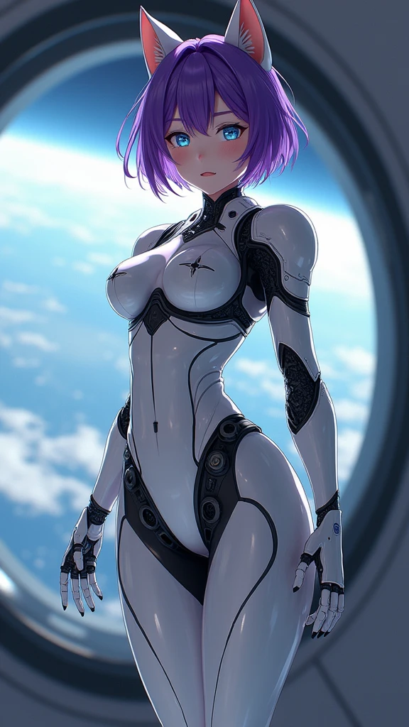 8K, RAW, best quality, masterpiece, ultra high res, colorful, portrait, (medium wide shot), (dynamic perspective), sharp focus , (depth of field, bokeh:1.3), extremely detailed eyes and face, beautiful detailed eyes,
FURRY, anthro,
(full body photo), (one/woman/mechanic), (extremely large breasts), (all mechanical body), (with bionic armor), white with black gears, (she is inside a spaceship near the window seeing outer space), (she has very short purple straight hair), (blue eyes), (moaning), (blush), (is doing sensual poses standing up for the viewer), anime style, Anime, 16k, high quality, textured skin, UHD, award-winning