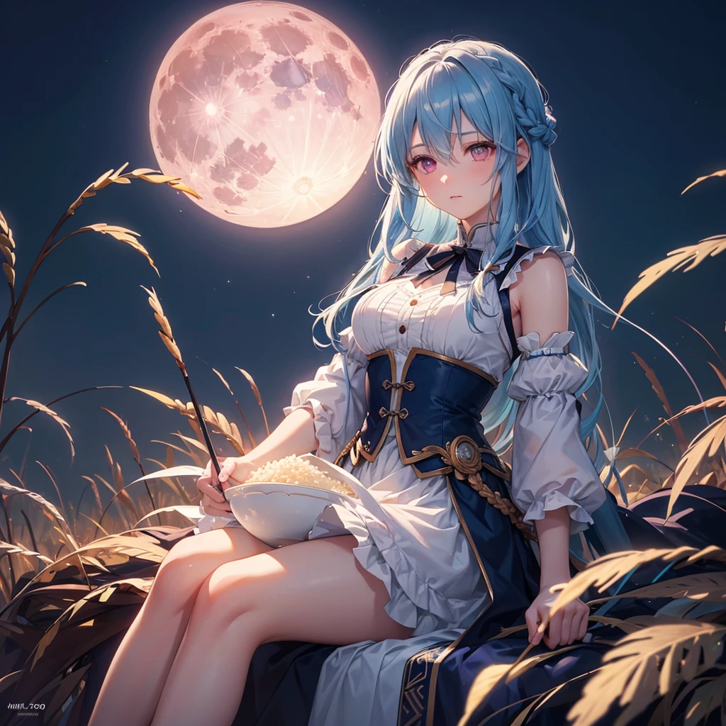 Sky blue hair, (Braided medium hair), (Pink eyes),Fair skin) ,(whole body),(One Girl),(harvest moon),(A large amount of Miscanthus sinensis in the background),(full moon),(masterpiece, Highest quality, Very detailed, Best Shadow), (Detailed Background), (Beautifully detailed face), High Contrast, (Best lighting, Very delicate and beautiful), ((Cinematic Light)), Hyper Detail,8k, Dramatic Light, Intricate details,(sitting down to eat rice dumplings)