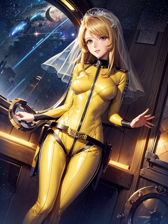 (masterpiece, best quality:1.2), (Wearing a wedding veil, marriage proposals:1.2), (cowboy shot:1.1), awesome solo, 1girl, mori yuki, slight smile, looking at viewer, blonde hair, thigh gap, (skin tight yellow bodysuit:1.4), yellow bodysuit, skin tight, belt, Elegant body, (large starship porthole:1.3), from front, (spread legs:1.1), ((Floating in the air:1.2)), starship interior, (outer space view:1.3), (night, moon:1.4, stary sky:1.3), milky way, (((very beautiful view of space:1.3))), high quality texture