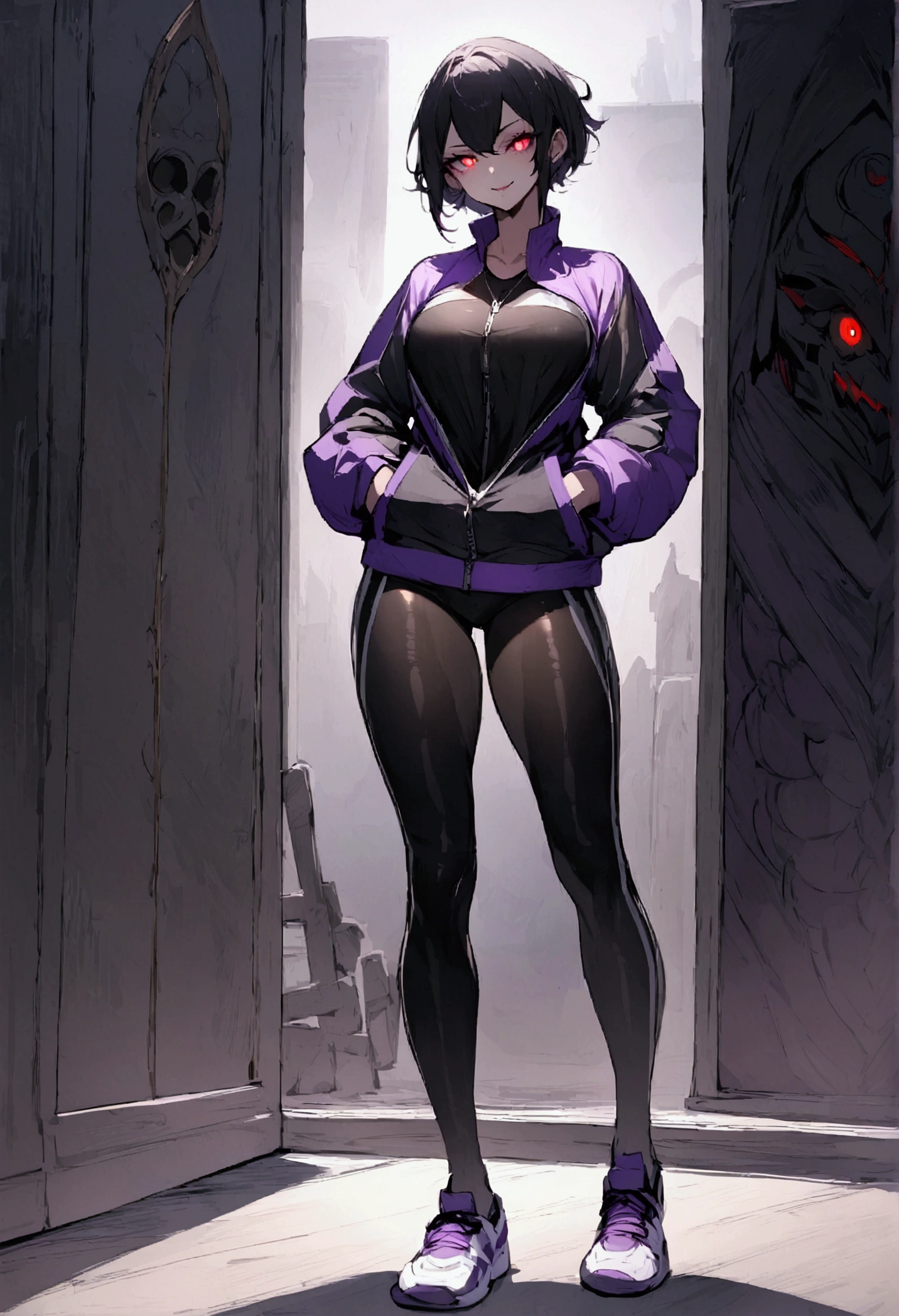 beautiful young fitness woman with , in a gym wearing May with black pantyhose, tight white and purple gym jacket. standing alone,red eyes glowing,Evil smile,legging preto ,labiaa,dark eye shadow,shining eyes,hands in our pockets,neckleace,jacket zipper half open,Tight black shirt,white sports tennis shoes,short hair with purple details,beautiful curves,whole body,hair with purple details,labiaa,detailed face and eyes,work of art
