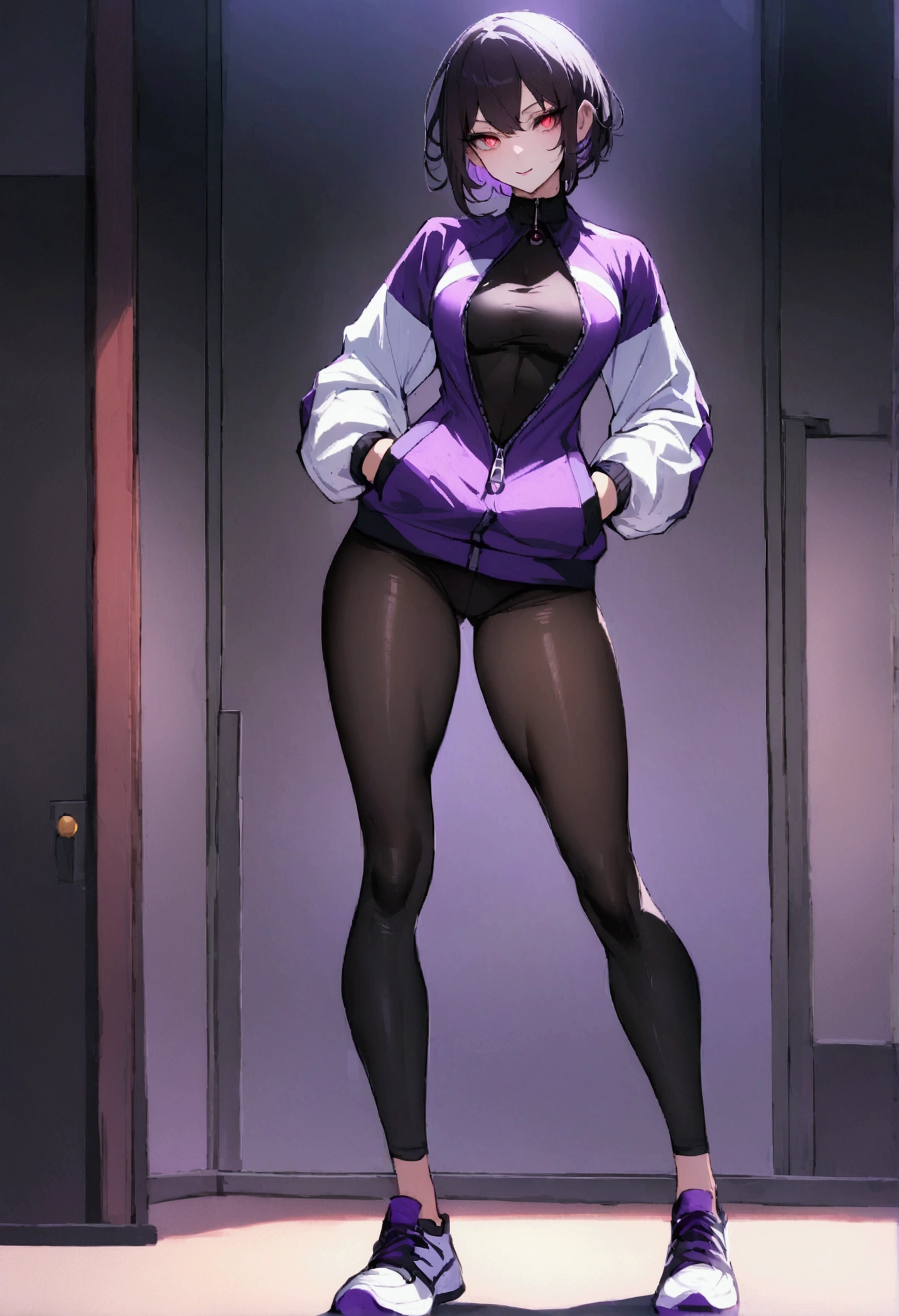 beautiful young fitness woman with , in a gym wearing May with black pantyhose, tight white and purple gym jacket. standing alone,red eyes glowing,Evil smile,legging preto ,labiaa,dark eye shadow,shining eyes,hands in our pockets,neckleace,jacket zipper half open,Tight black shirt,white sports tennis shoes,short hair with purple details,beautiful curves,whole body,hair with purple details,labiaa,detailed face and eyes,work of art