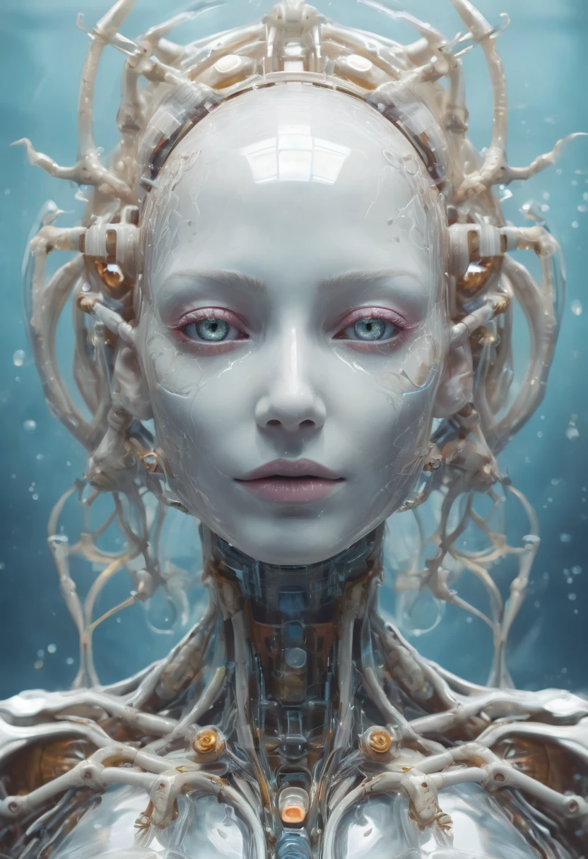 (A focus on hauntingly beautiful bioengineered organisms:1.2), organic cyborg, albino, translucent, Outdoor, water, reflection, Gloss, Colorful unfocused background, (High resolution:1.9), A masterpiece with attention to detail, Sacher, Ziprealism