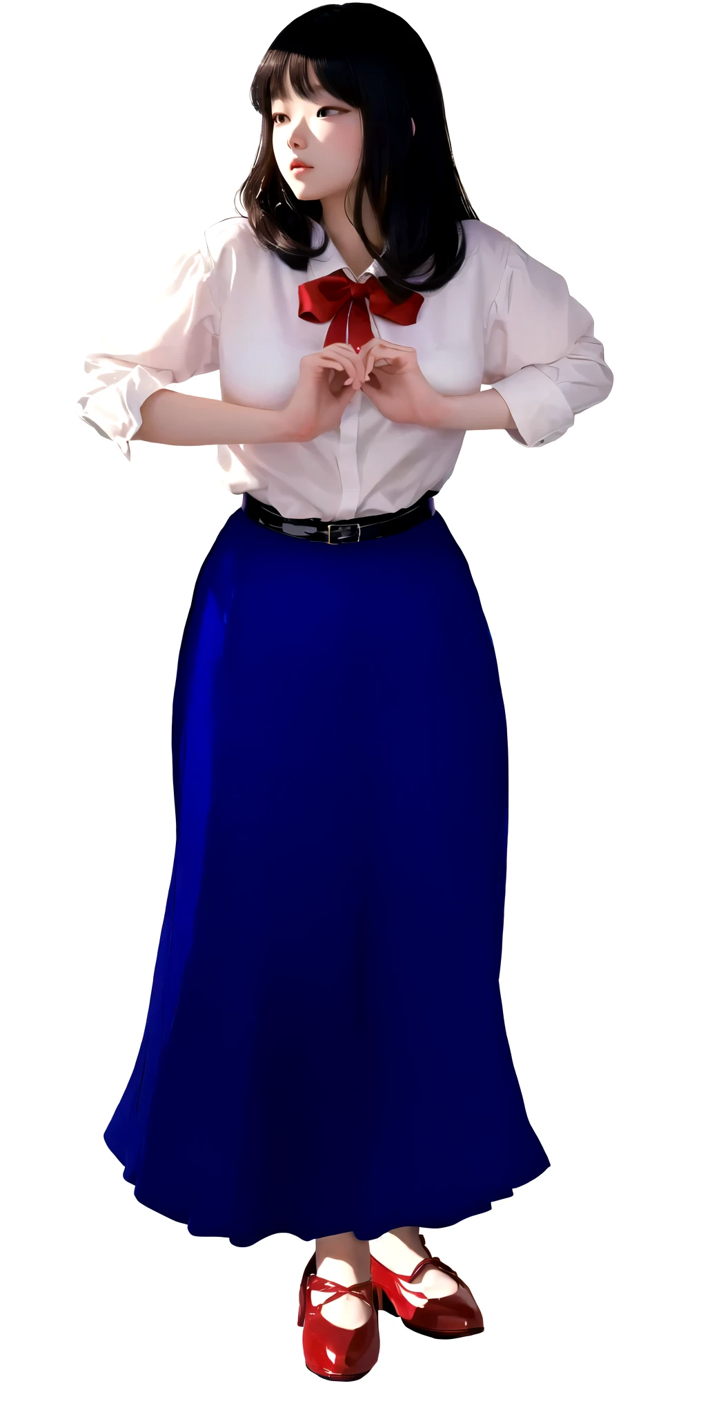 masterpiece, best quality, (extremely detailed CG unity 8k wallpaper), (best quality), (best illustration), (best shadow), absurdres, realistic lighting, (Abyss), beautiful detailed glow, japanese girl with a white shirt with red poix, red ribbon on the shirt neck, joined hands, a long blue skirt, red patent shoes