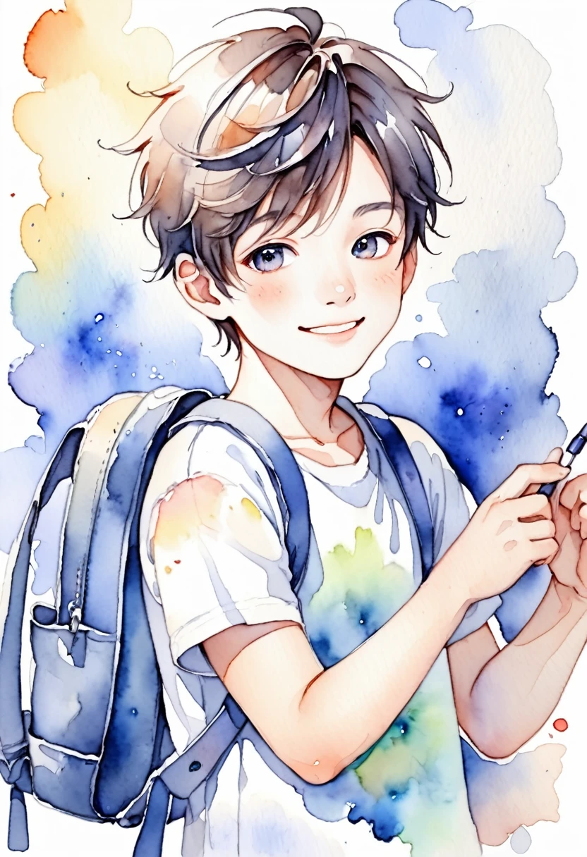 watercolor,boy,One person,smile,