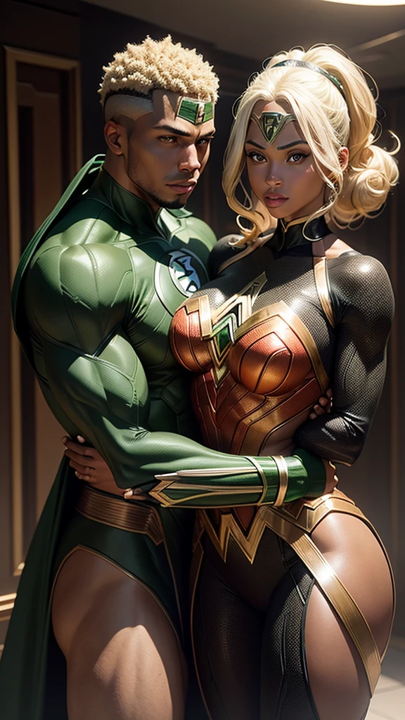 African American black man, presumptuous, using green galeco, green lantern costume, hugging a blonde woman from behind who is wearing Wonder Woman costume from DC comics in detailed CGI style, anatomy of bodies