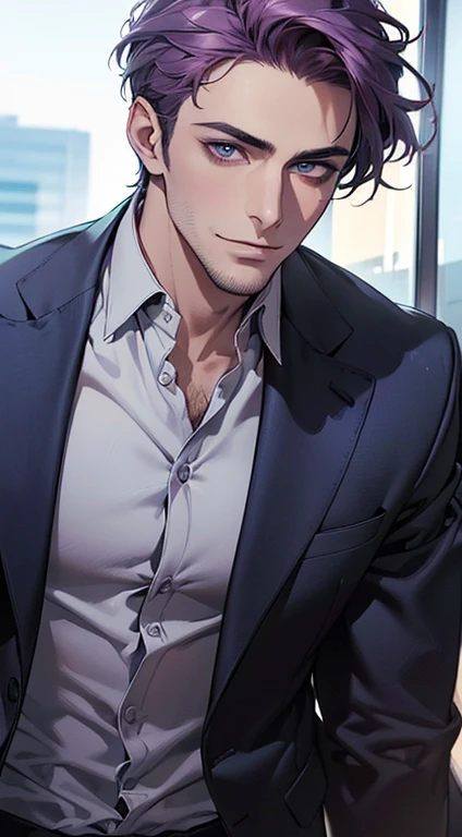 (best quality,4k,8k,highres,masterpiece:1.2),ultra-detailed,(realistic,photorealistic,photo-realistic:1.37),1 man,31 years old,mature man,very handsome,without expression,smile,short purple hair,blue eyes,penetrating gaze,perfect face without errors,imposing posture,businessman,office background,cinematic lighting,hdr image