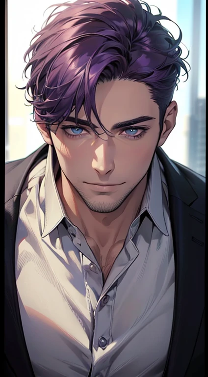 (best quality,4k,8k,highres,masterpiece:1.2),ultra-detailed,(realistic,photorealistic,photo-realistic:1.37),1 man,31 years old,mature man,very handsome,without expression,smile,short purple hair,blue eyes,penetrating gaze,perfect face without errors,imposing posture,businessman,office background,cinematic lighting,hdr image