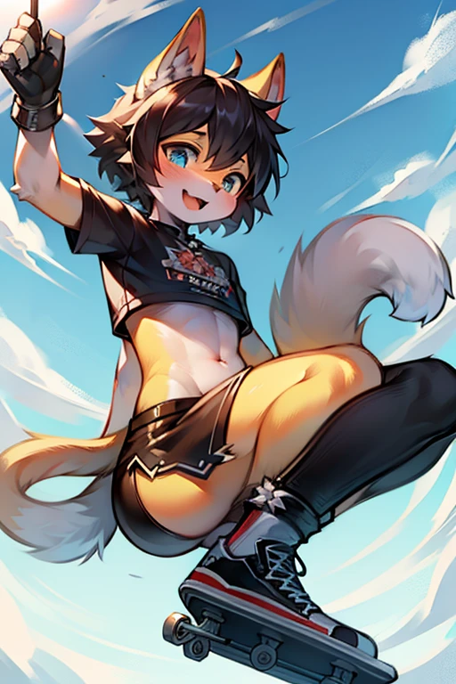 anime style, super fine illustration, highly detailed, dynamic angle, beautiful detailed, 8k, On a summer day, BREAK a black and white cat performs an advanced trick on a skateboard, spinning in mid-air. BREAK The cat has a joyful expression as it enjoys the ride.