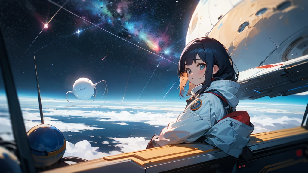 asian girl in the space on alien planet between polar star and big dipper