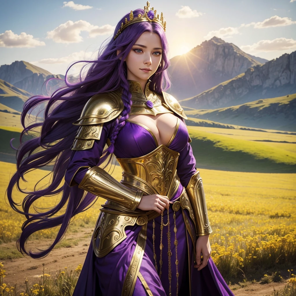Beautiful Caucasian woman. Just a woman. Alone. One character. Queen. Medieval western woman. Long hair with 1 braid. Purple hair. Bright purple eyes. Warrior woman. Beautiful woman. Fit body. Round breasts. She is wearing shiny gold armor with several purple details. On her head the woman has a delicate gold crown with purple jewels. The woman has a cheerful expression. Looking straight ahead. Full length portrait. She is standing in a large field during a sunny day. Dynamic light. Dynamic shadows.