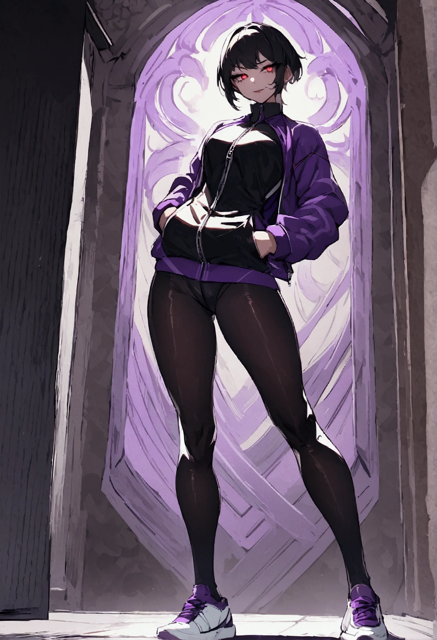 beautiful young fitness woman with , in a gym wearing May with black pantyhose, tight white and purple gym jacket. standing alone,red eyes glowing,Evil smile,legging preto ,labiaa,dark eye shadow,shining eyes,hands in our pockets,neckleace,jacket zipper half open,Tight black shirt,white sports tennis shoes,short hair with purple details,beautiful curves,whole body,hair with purple details,labiaa,detailed face and eyes,work of art