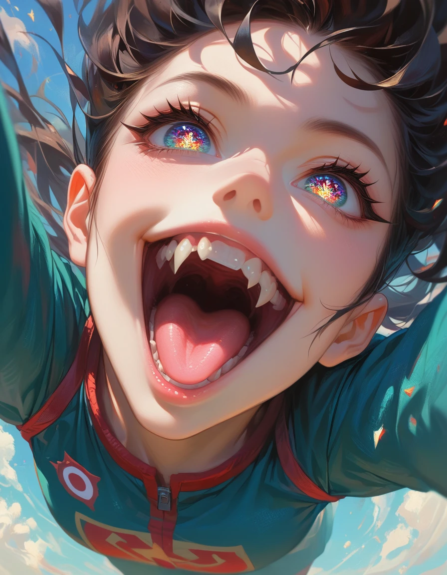((masterpiece, best quality)), highres, 8k, cinematic light, high contrast, depth of field, intense glow, detailed background, 1girl, cute, detailed eyes, sparkle in eyes, detailed iris, grin, stylized, open mouth, fang,dynamic poses, (above shot). (below shot)