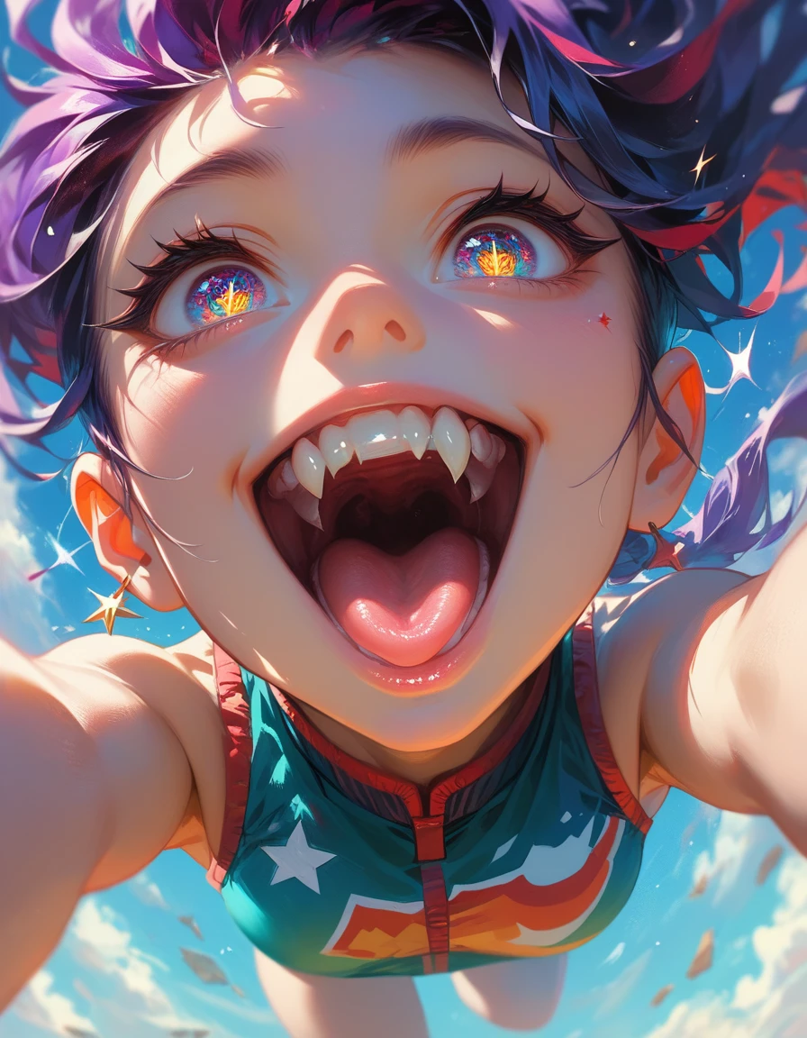 ((masterpiece, best quality)), highres, 8k, cinematic light, high contrast, depth of field, intense glow, detailed background, 1girl, cute, detailed eyes, sparkle in eyes, detailed iris, grin, stylized, open mouth, fang,dynamic poses, (above shot). (below shot)