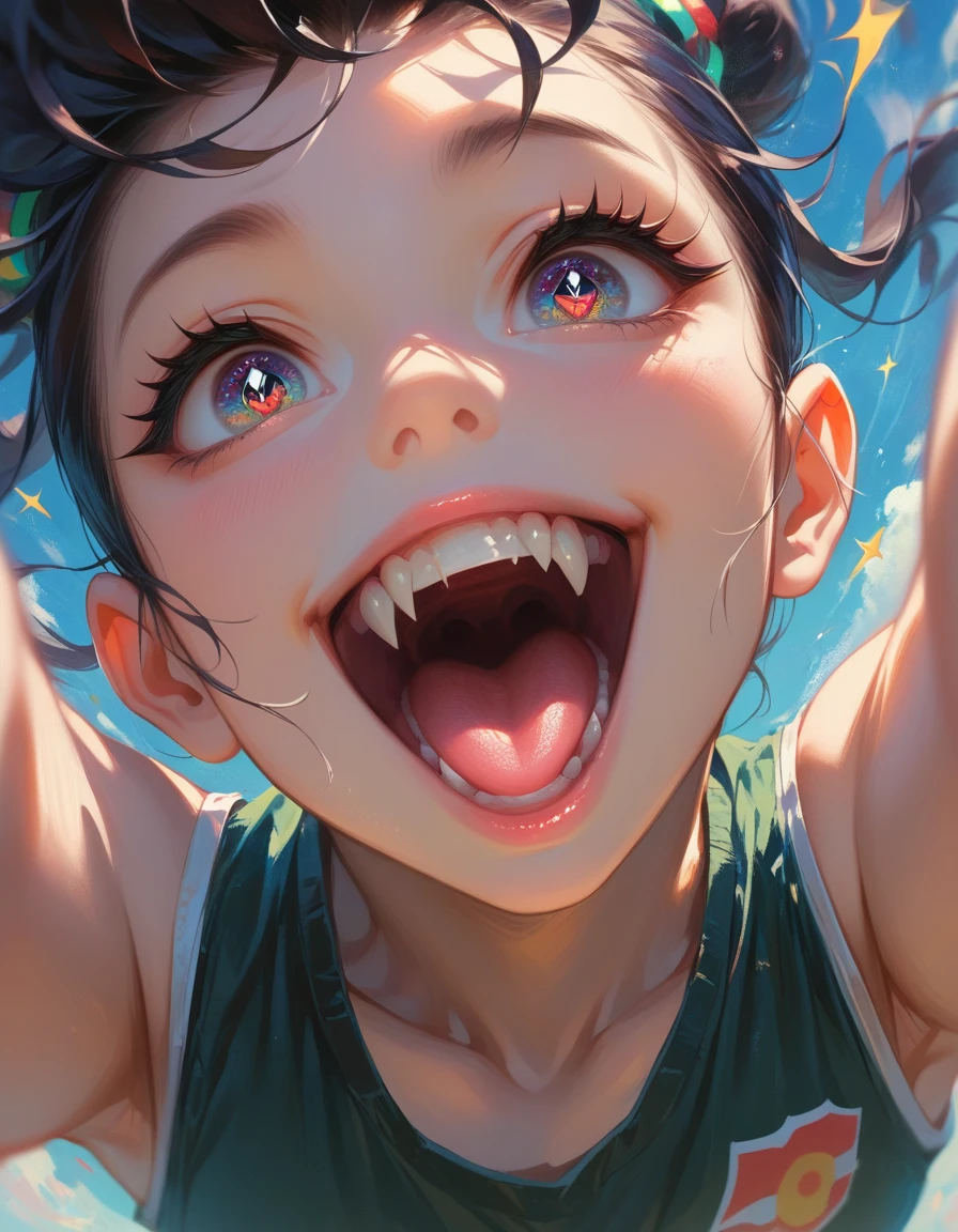 ((masterpiece, best quality)), highres, 8k, cinematic light, high contrast, depth of field, intense glow, detailed background, 1girl, cute, detailed eyes, sparkle in eyes, detailed iris, grin, stylized, open mouth, fang,dynamic poses, (above shot). (below shot)