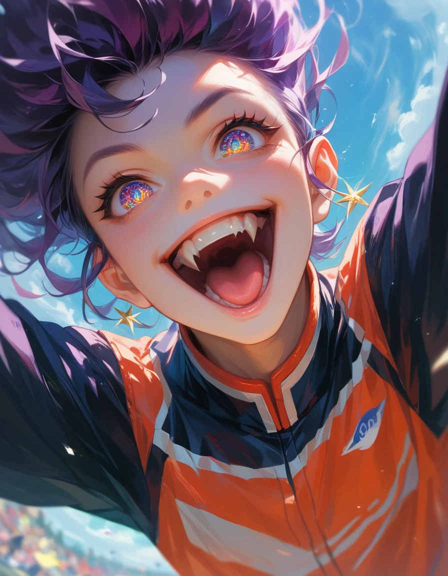 ((masterpiece, best quality)), highres, 8k, cinematic light, high contrast, depth of field, intense glow, detailed background, 1girl, cute, detailed eyes, sparkle in eyes, detailed iris, grin, stylized, open mouth, fang,dynamic poses, (above shot). (below shot)