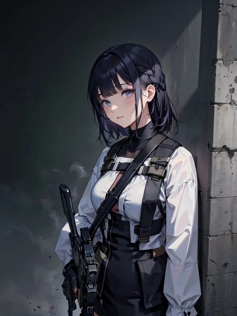 holding_gun, assault_rifle, RPK-16, Carry a sniper rifle on your back,Shooting guns, Hair is blue, In the spotlight, The background is a dark and desolate landscape, Horror movie atmosphere. Her figure is very beautiful, Emphasizing the dark and crazy elements. Skillfully expressing the effects of light and shadow, detailed, The face and expression of the black costume are also carefully drawn.....,(Tilt your head:1.2), ([sketch|watercolor \(Moderate\)]:1.15),Chaotic abstract background, Vector Trace, Gradient blending and whole body, Artistic elements add depth to the work. The overall atmosphere is creepy and nightmarish....., With a unique artistic touch. This movie is、The dark and crazy world of horror movies depicted in HD., Evoke visual stimuli and aesthetic sense,((masterpiece_Portraiture)),(beautiful girl),(Pixiv),(Fantasy)