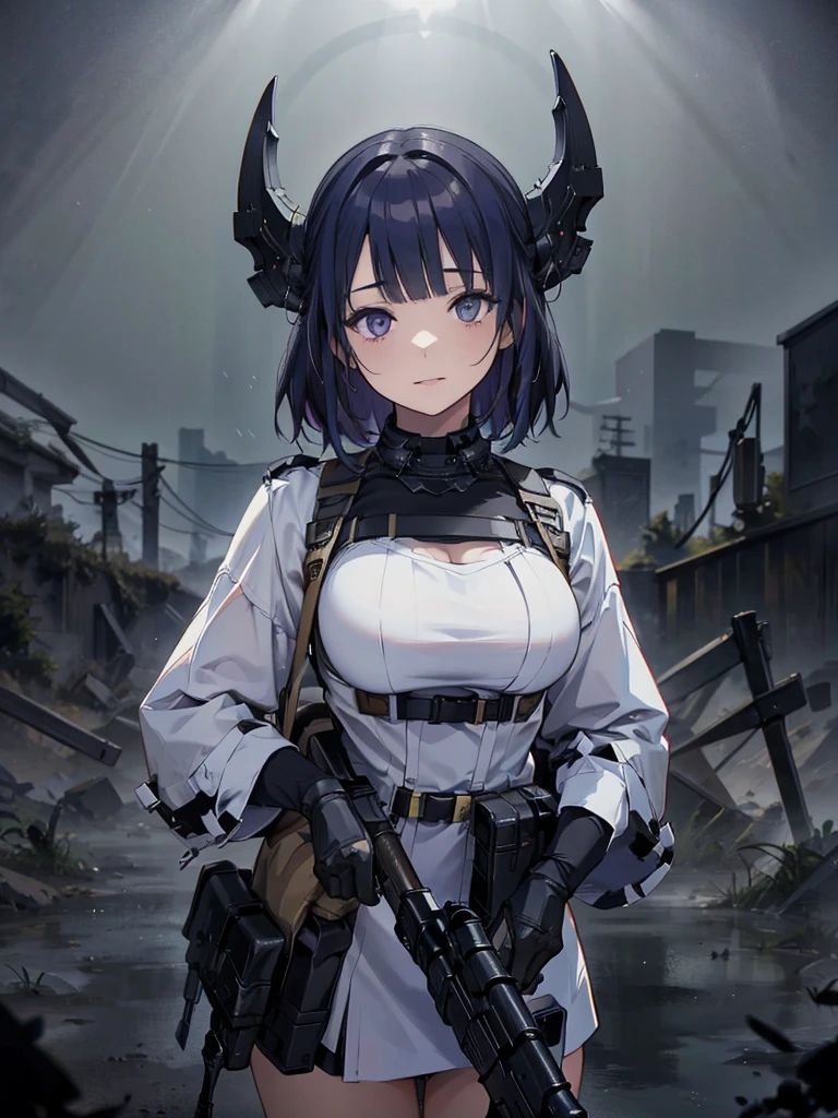 holding_gun, assault_rifle, RPK-16, Carry a sniper rifle on your back,Shooting guns, Hair is blue, In the spotlight, The background is a dark and desolate landscape, Horror movie atmosphere. Her figure is very beautiful, Emphasizing the dark and crazy elements. Skillfully expressing the effects of light and shadow, detailed, The face and expression of the black costume are also carefully drawn.....,(Tilt your head:1.2), ([sketch|watercolor \(Moderate\)]:1.15),Chaotic abstract background, Vector Trace, Gradient blending and whole body, Artistic elements add depth to the work. The overall atmosphere is creepy and nightmarish....., With a unique artistic touch. This movie is、The dark and crazy world of horror movies depicted in HD., Evoke visual stimuli and aesthetic sense,((masterpiece_Portraiture)),(beautiful girl),(Pixiv),(Fantasy)