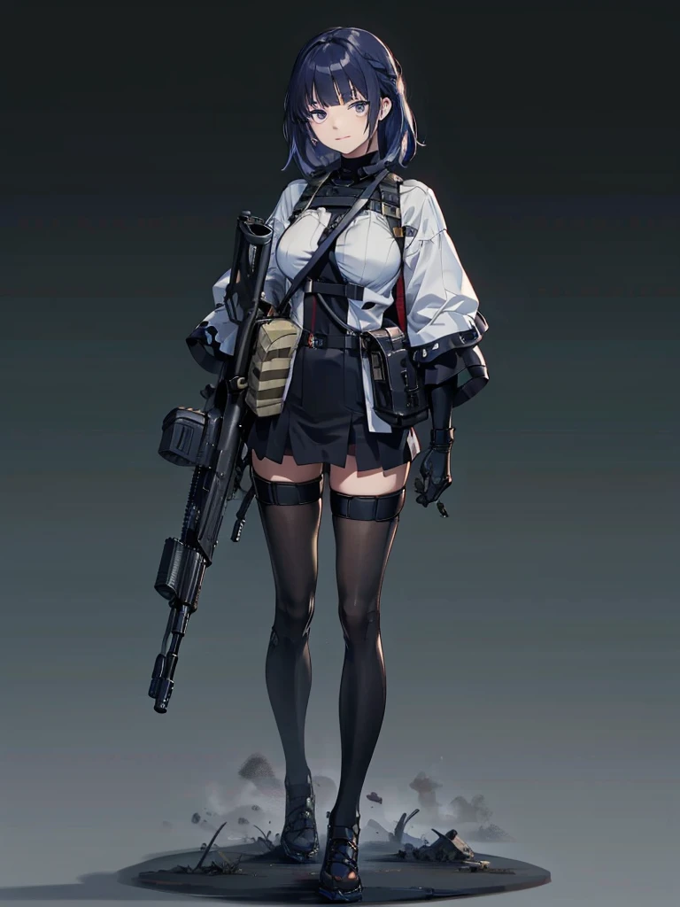 holding_gun, assault_rifle, RPK-16, Carry a sniper rifle on your back,Shooting guns, Hair is blue, In the spotlight, The background is a dark and desolate landscape, Horror movie atmosphere. Her figure is very beautiful, Emphasizing the dark and crazy elements. Skillfully expressing the effects of light and shadow, detailed, The face and expression of the black costume are also carefully drawn.....,(Tilt your head:1.2), ([sketch|watercolor \(Moderate\)]:1.15),Chaotic abstract background, Vector Trace, Gradient blending and whole body, Artistic elements add depth to the work. The overall atmosphere is creepy and nightmarish....., With a unique artistic touch. This movie is、The dark and crazy world of horror movies depicted in HD., Evoke visual stimuli and aesthetic sense,((masterpiece_Portraiture)),(beautiful girl),(Pixiv),(Fantasy)