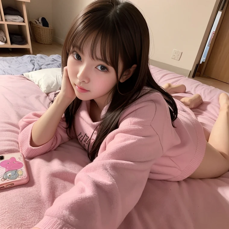 nsfw,Cute G-cup female college student sister lies face down in a fashionable cute outfit for going out。Sleep on your side。Flipping through clothes to show。(crawl on all fours)、She is lying face down on a pink bed with her hands outstretched, taking a selfie。Pink bed。The photo was leaked on a secret account。My sister&#39;s room has pink walls。laughing。masterpiece, best quality, Real Image, Super detailed, fine details, High resolution, 8k,wall paper, perfect dynamic composition,(Details High quality, realistic depiction of eyes:1.3),