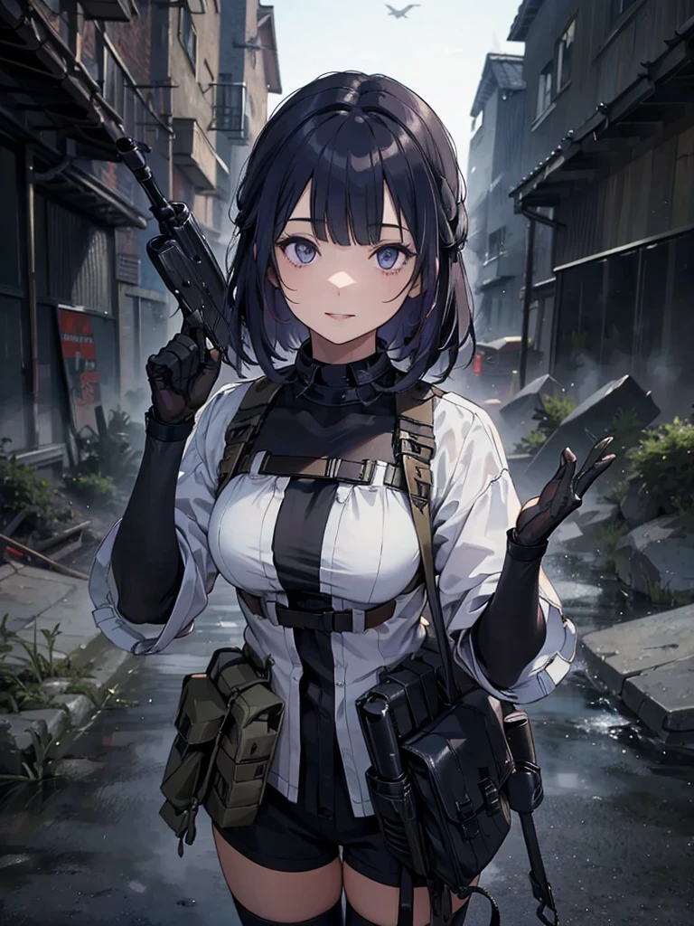 ((masterpiece_Portraiture)),(beautiful girl),(Pixiv),(Fantasy), holding_gun, assault_rifle, RPK-16, Carry a sniper rifle on your back,Shooting guns, Hair is blue, In the spotlight, The background is a dark and desolate landscape, Horror movie atmosphere. Her figure is very beautiful, Emphasizing the dark and crazy elements. Skillfully expressing the effects of light and shadow, detailed, The face and expression of the black costume are also carefully drawn.....,(Tilt your head:1.2), ([sketch|watercolor \(Moderate\)]:1.15),Chaotic abstract background, Vector Trace, Gradient blending and whole body, Artistic elements add depth to the work. The overall atmosphere is creepy and nightmarish....., With a unique artistic touch. This movie is、The dark and crazy world of horror movies depicted in HD., Evoke visual stimuli and aesthetic sense
