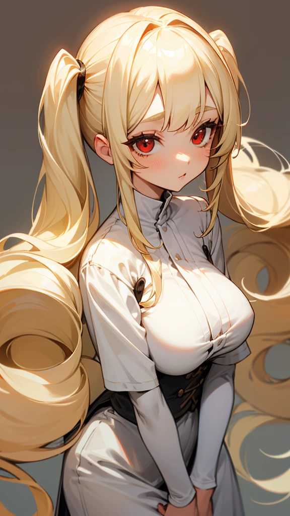 blonde hair close to white, とてもLong Hair , Bangs, High twin tails, Large Breasts, Lori,Long eyelashes, Simple Background, Character portrait, Red eyes,White skin, From head to toe,Long Hair, 