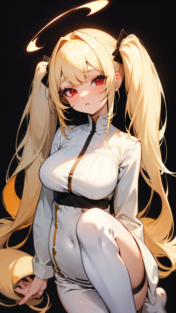 blonde hair close to white, とてもLong Hair , Bangs, High twin tails, Large Breasts, Lori,Long eyelashes, Simple Background, Character portrait, Red eyes,White skin, From head to toe,Long Hair,
