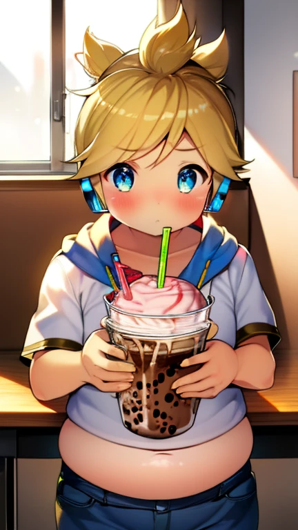 (masterpiece, best quality:1.2), alone, Male focus, 1 Boy, Kagamine Ren, earphone, (over small crop top), tie, Short sleeve, shorts, (severely overweight), (large paunch exposed), (looking at the viewer), blushed, (shocked), drinking milkshake
