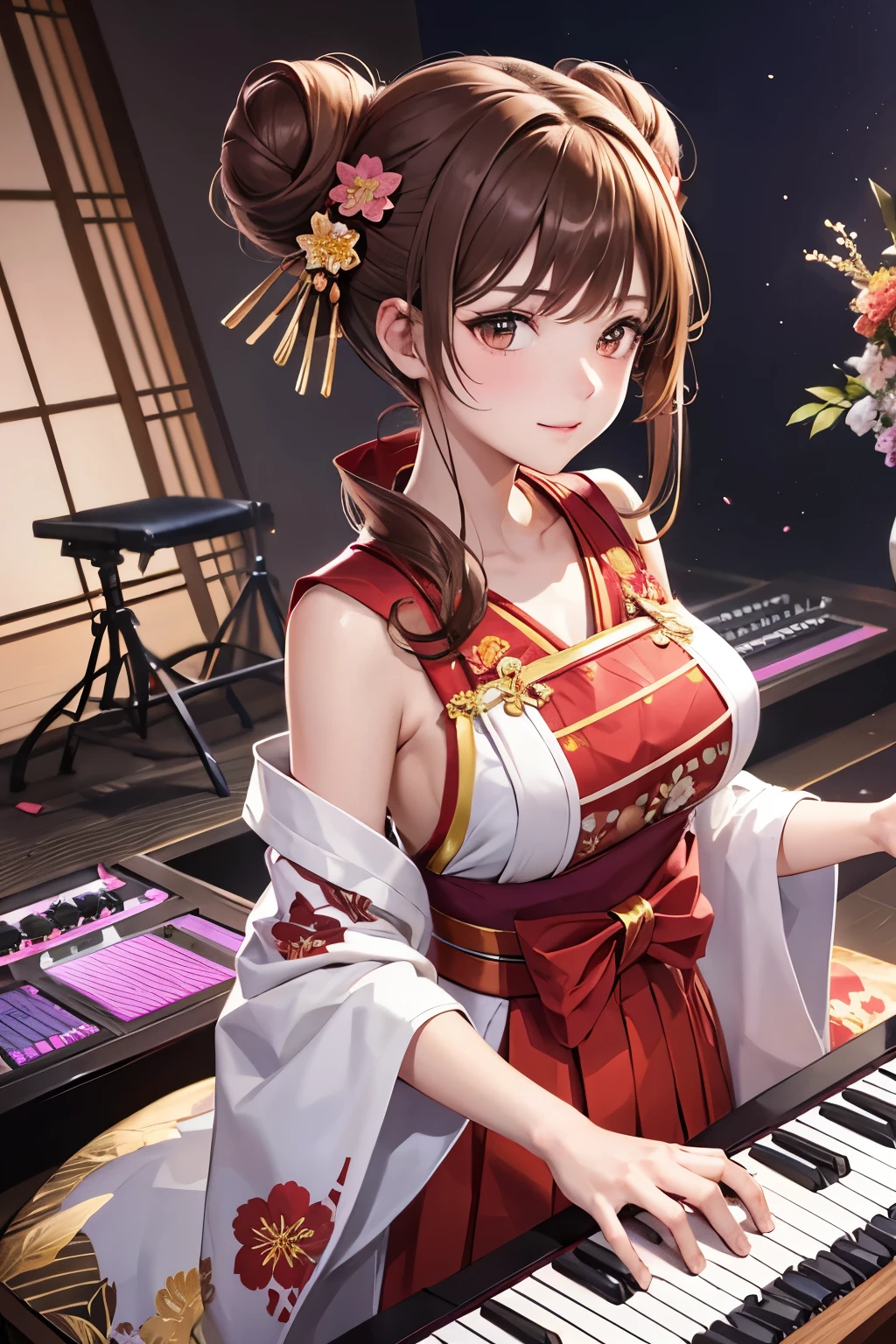 Top quality, ample limbs, perfect fingers, slender beauty, twin-tailed bun hairstyle, brown hair, Deresute, A costume of Floral haori and minihakama with a flashy pattern,Band instrumentskeyboard, beautiful large breasts, live stage, Playing Band InstrumentsKeyboard