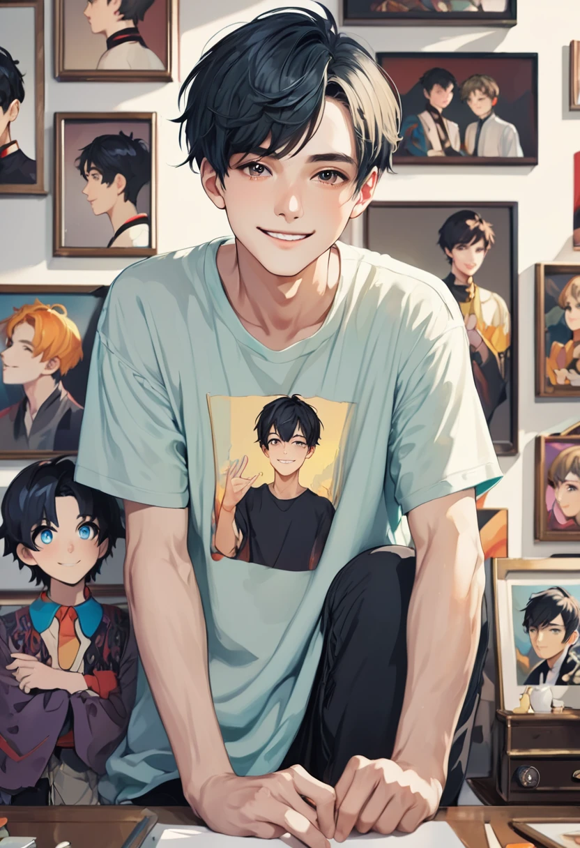 (masterpiece, beautiful, High resolution), figure, 1 boy, Portraiture, smile, Bright colored anime short hair, cute,Young people, 