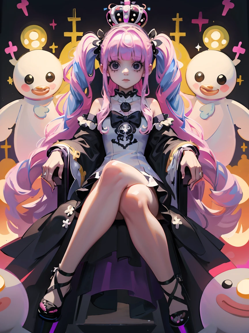 platform, one piece, Wearing the Crown, Pink twin tails, Long Hair, Keeping a stuffed bear, Kumasi,  White transparent holo ghost floating., Throne, Sitting on a luxurious throne, Crossing your legs, (((masterpiece:1.4))), (Highest quality:1.4), (Ultra-high resolution:1.4), (Highest quality:1.2), (Super detailed:1.3), a girl Perona with two painted black eyes