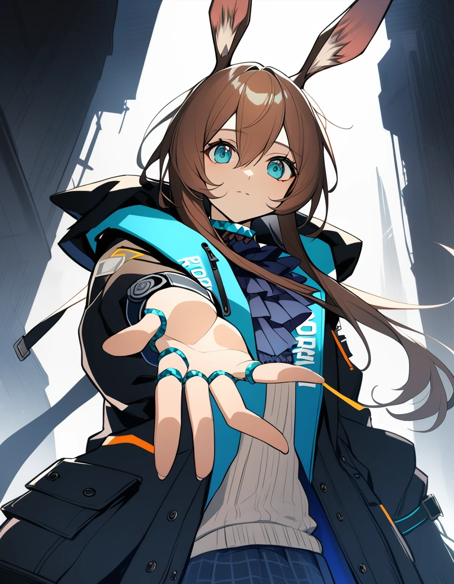 1 girl, Amiya \(Arknights\), Arknights, dirty faced, Outstretched hand, close up, cinematic angle, foreshortening, tenebrosa, tenebrosa background, work of art, best qualityer
