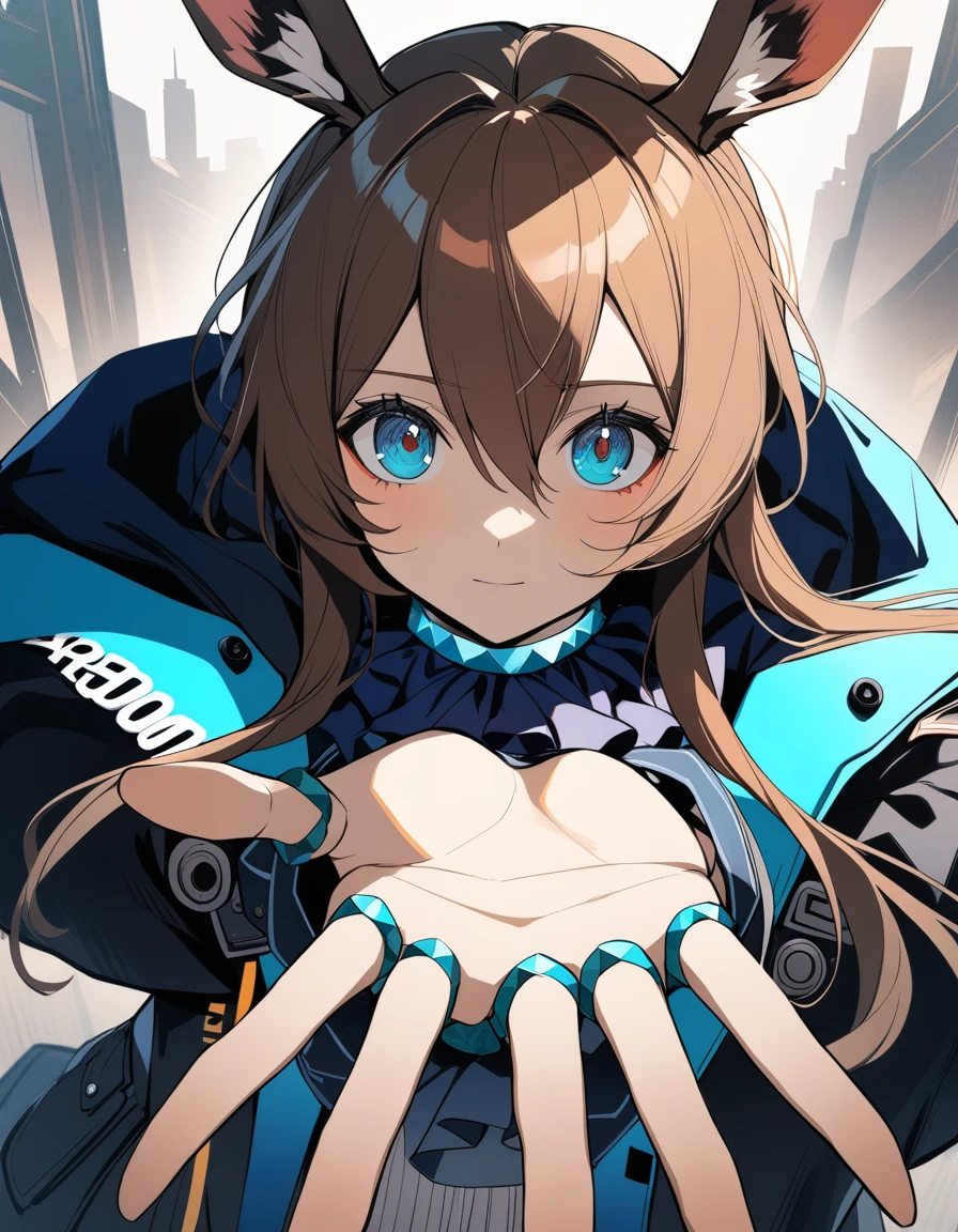1 girl, Amiya \(Arknights\), Arknights, dirty faced, Outstretched hand, close up, cinematic angle, foreshortening, tenebrosa, tenebrosa background, work of art, best qualityer