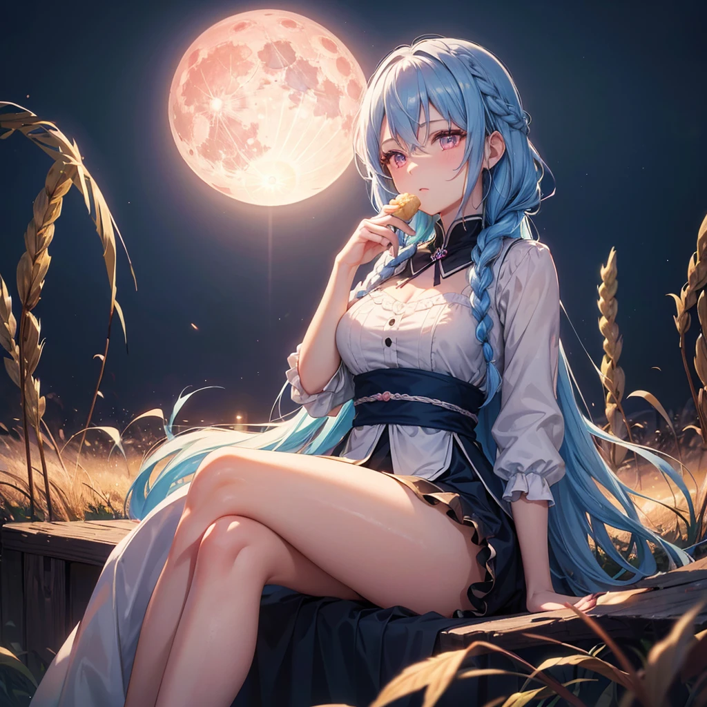Sky blue hair, (Braided medium hair), (Pink eyes),Fair skin) ,(whole body),(One Girl),(harvest moon),(A large amount of Miscanthus sinensis in the background),(full moon),(masterpiece, Highest quality, Very detailed, Best Shadow), (Detailed Background), (Beautifully detailed face), High Contrast, (Best lighting, Very delicate and beautiful), ((Cinematic Light)), Hyper Detail,8k, Dramatic Light, Intricate details,(sitting down to eat rice dumplings)