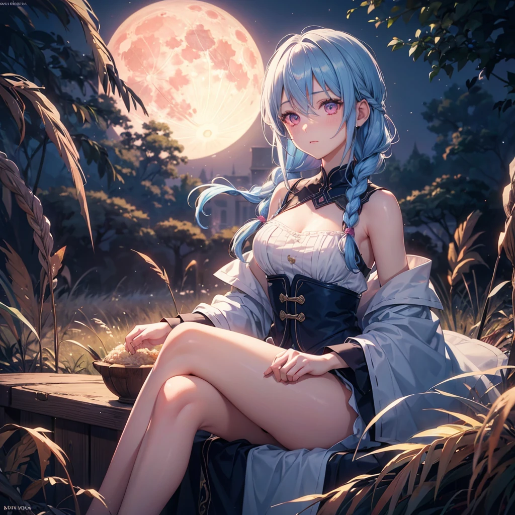 Sky blue hair, (Braided medium hair), (Pink eyes),Fair skin) ,(whole body),(One Girl),(harvest moon),(A large amount of Miscanthus sinensis in the background),(full moon),(masterpiece, Highest quality, Very detailed, Best Shadow), (Detailed Background), (Beautifully detailed face), High Contrast, (Best lighting, Very delicate and beautiful), ((Cinematic Light)), Hyper Detail,8k, Dramatic Light, Intricate details,(sitting down to eat rice dumplings)