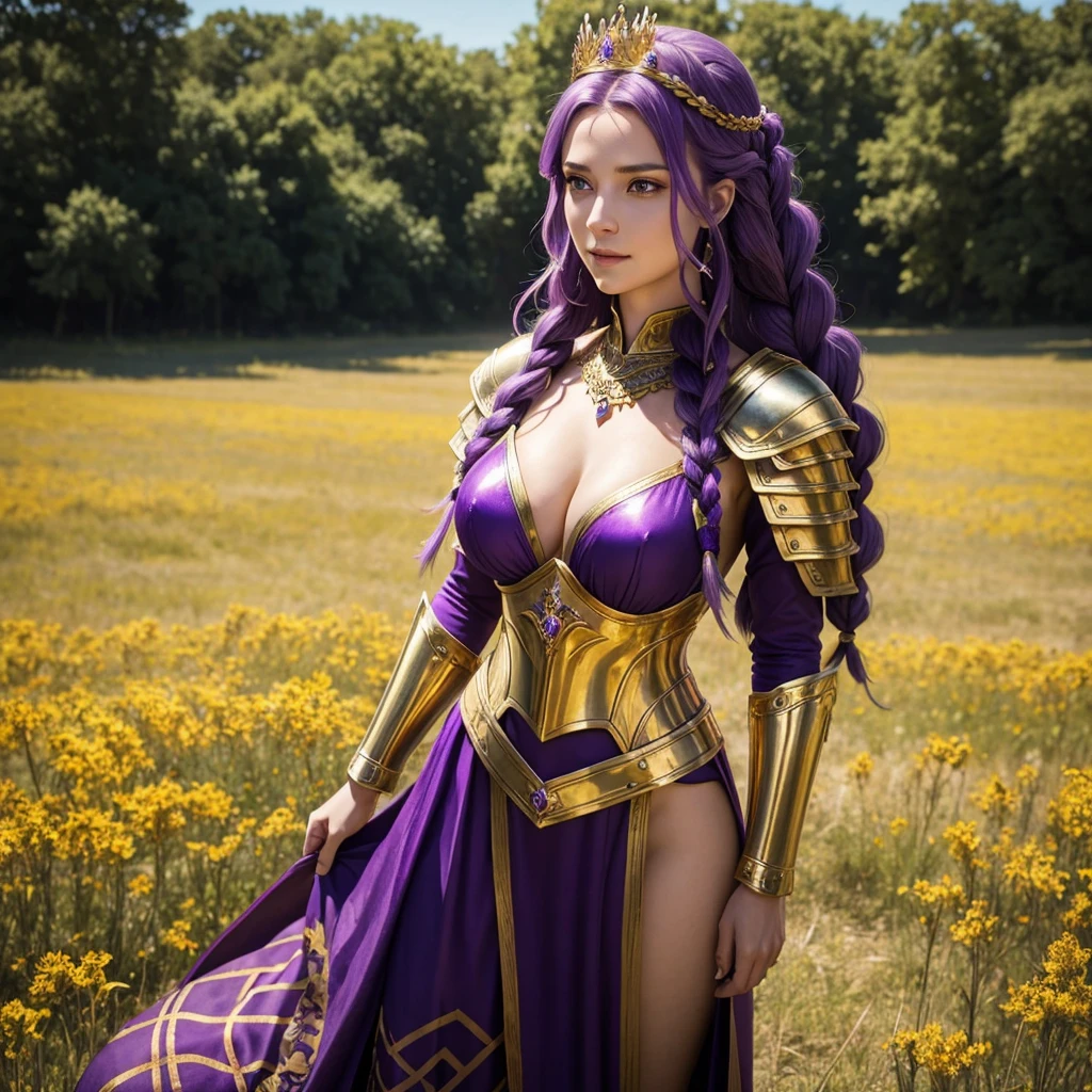 Beautiful Caucasian woman. Just a woman. Alone. One character. Queen. Medieval western woman. Long hair with 1 braid. Purple hair. Bright purple eyes. Warrior woman. Beautiful woman. Fit body. Round breasts. Breasts on display. She is wearing shiny gold armor with several purple details. On her head the woman has a delicate gold crown with purple jewels. The woman has a cheerful expression. Looking straight ahead. Full length portrait. She is standing in a large field during a sunny day. Dynamic light. Dynamic shadows.